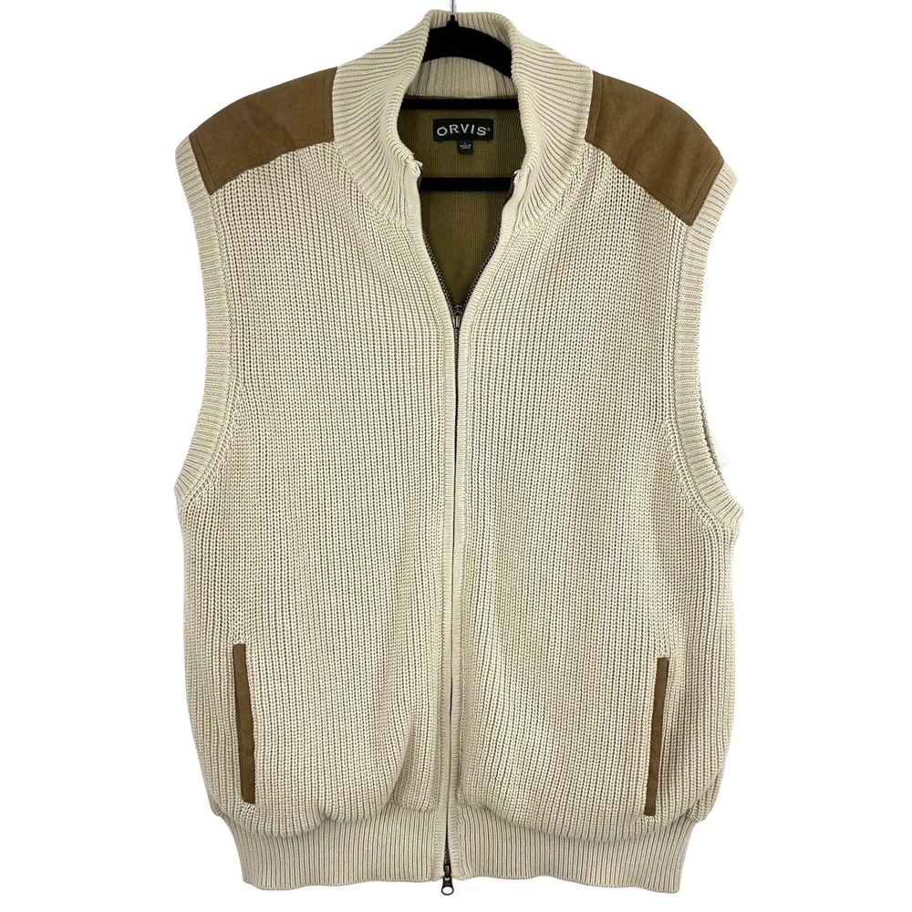 Orvis‎ Men's Large Tan Mechanics Foul Weather Sweater Vest Full Zip Heavy Knit